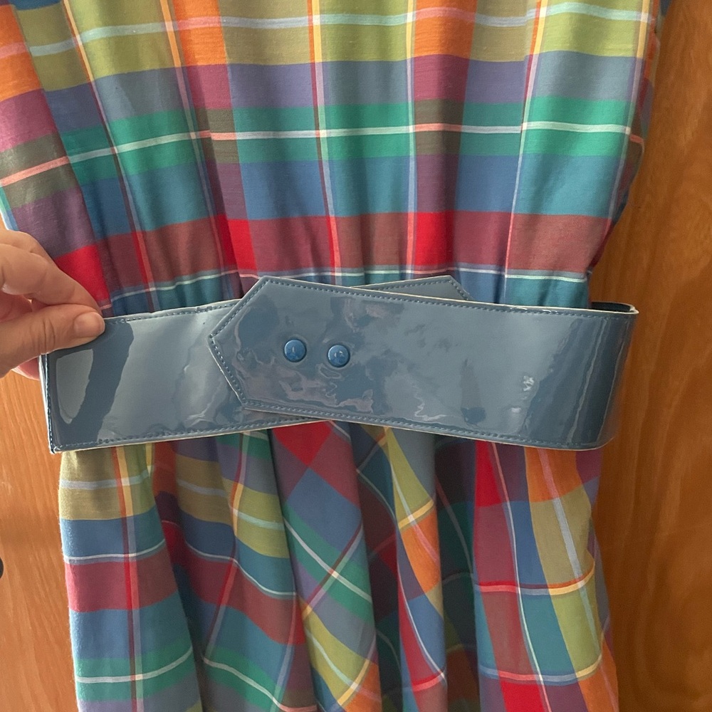 Vintage plaid picnic dress, blue & red with matching belt, side buttons, medium - Picture 5 of 10